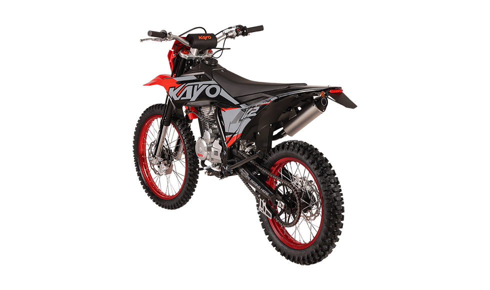 KAYO K2 230 dirt bike front 3/4 left angle view with headlight and 21-inch red wheel