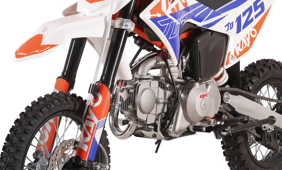 KAYO TD125 123.6cc engine right side with chrome exhaust and kick starter