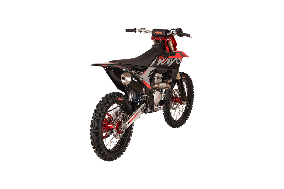 KAYO K6R 250cc dirt bike rear 3/4 right angle view showing exhaust muffler and rear knobby tire