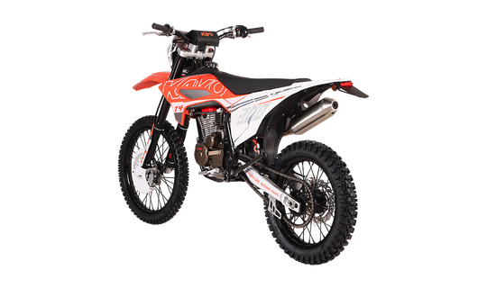 KAYO T4 300 dirt bike right profile view showing exhaust pipe, 300 graphics, and spoked wheels