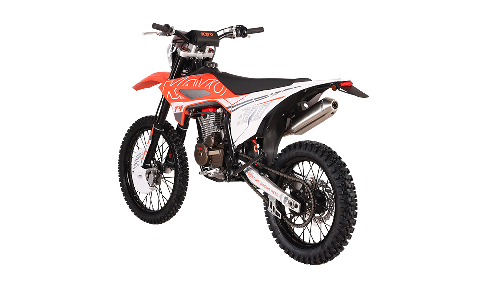 KAYO T4 300 dirt bike right profile view showing exhaust pipe, 300 graphics, and spoked wheels