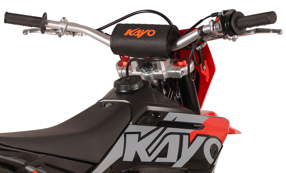 KAYO K2 230 handlebar with KAYO pad, fuel cap, and shroud graphics close-up