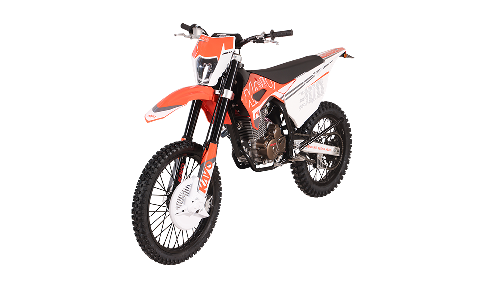 KAYO T4 300 dirt bike front 3/4 left angle view with headlight and front disc guard