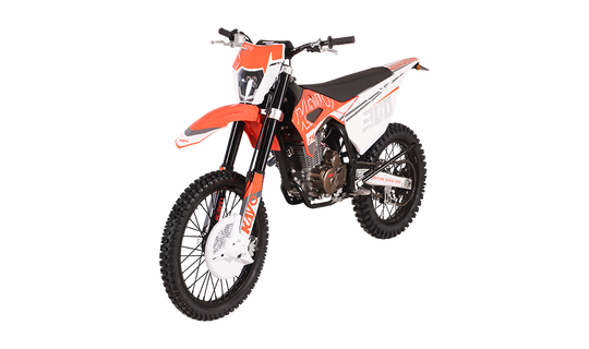 KAYO T4 300 dirt bike front 3/4 left angle view with headlight and front disc guard