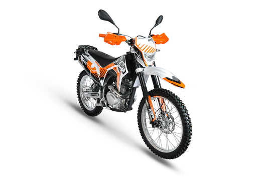 KAYO T2 Enduro 223cc dual-sport dirt bike left profile view with mirrors and rear rack