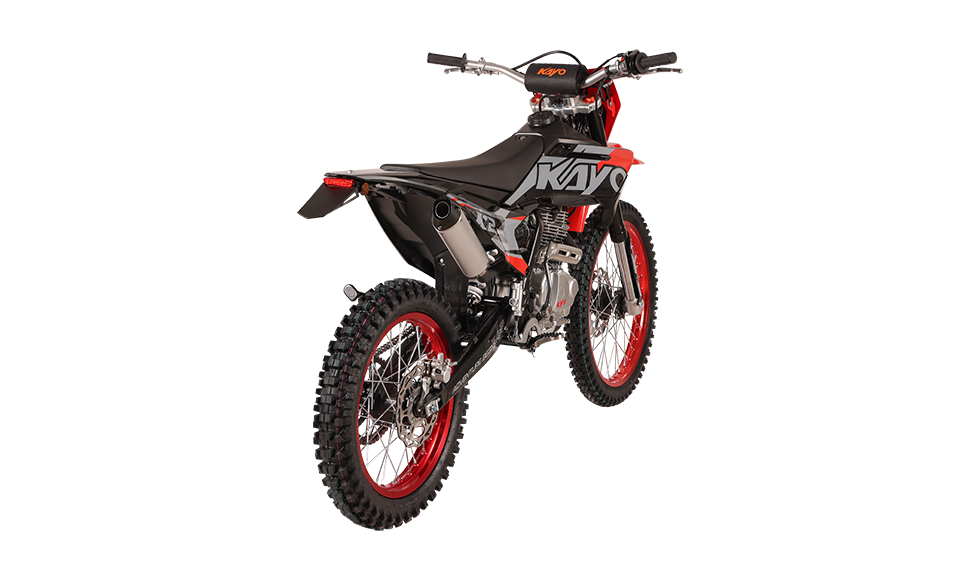 KAYO K2 230 rear 3/4 left angle view showing chain drive, swingarm, and taillight
