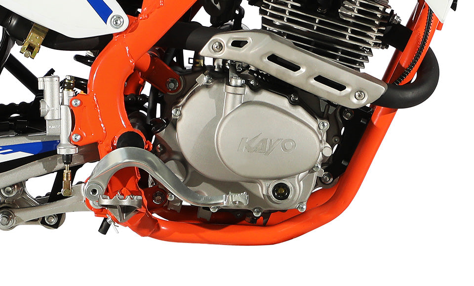 KAYO K4 250 dirt bike right profile view showing orange cradle frame and white-blue graphics