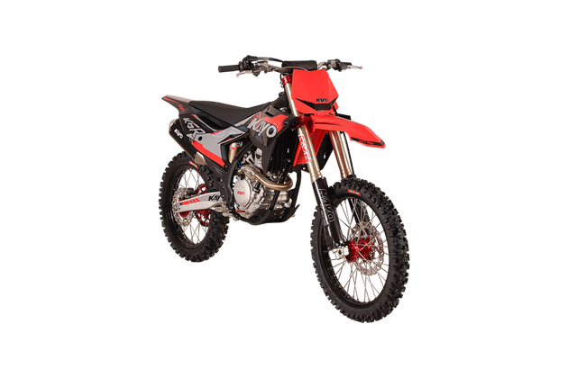 KAYO K6R 250cc dirt bike front 3/4 right view showing KYB inverted forks and red number plate
