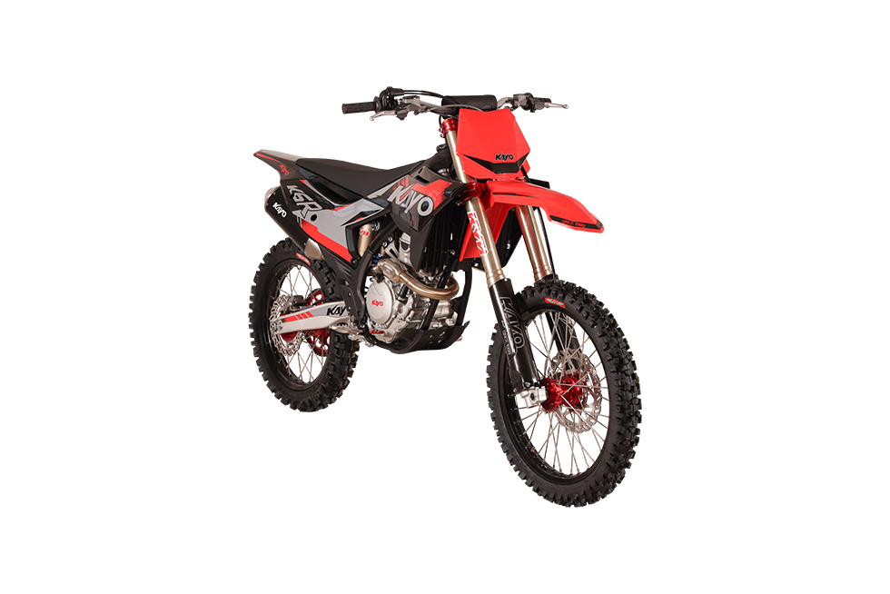KAYO K6R 250cc dirt bike front 3/4 right view showing KYB inverted forks and red number plate