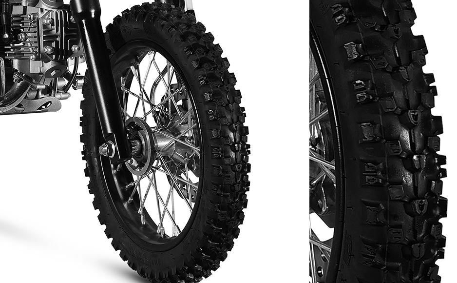 KAYO TS90 12-inch front wheel and high traction knobby tire detail