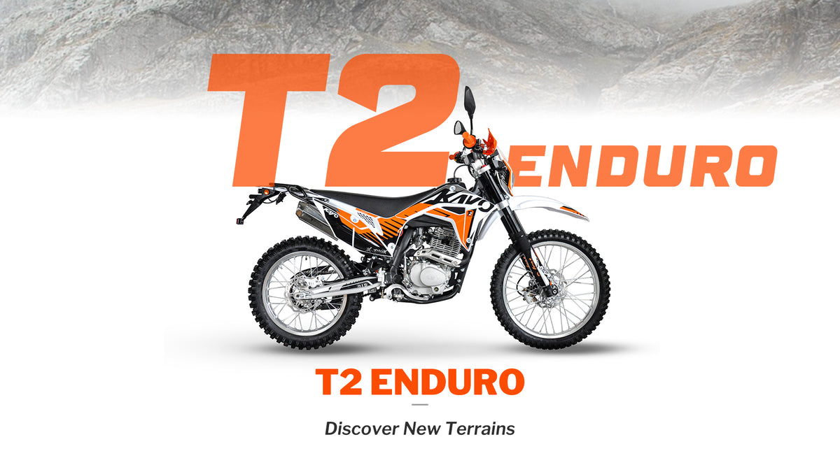KAYO T2 Enduro Discover New Terrains marketing banner with mountain background