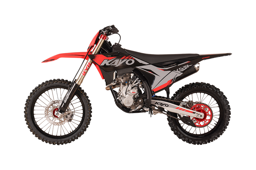 KAYO K6R 250cc dirt bike rear 3/4 left angle view showing red CNC hub and rear sprocket