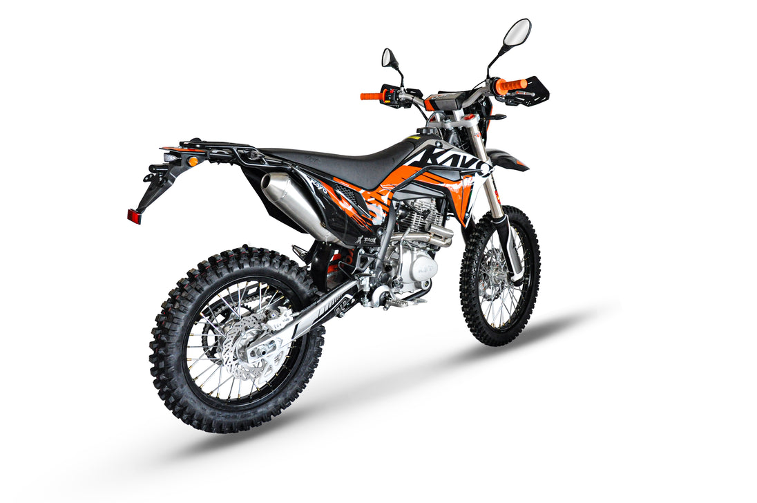 KAYO T4 Enduro 223cc dirt bike left profile view with black and orange livery, mirrors, and rear rack