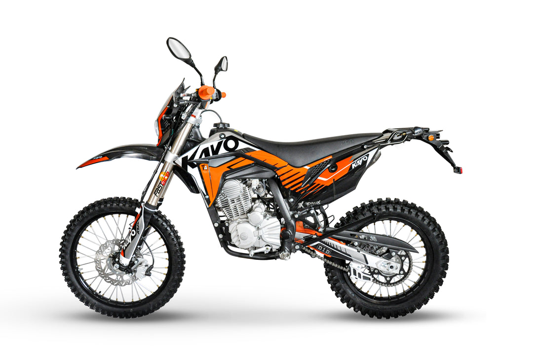 KAYO T4 Enduro front 3/4 left angle view showing inverted forks, knobby tires, and mirrors