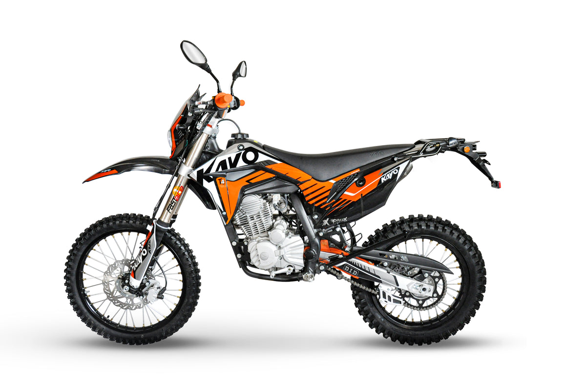 KAYO T4 Enduro front 3/4 left angle view showing inverted forks, knobby tires, and mirrors