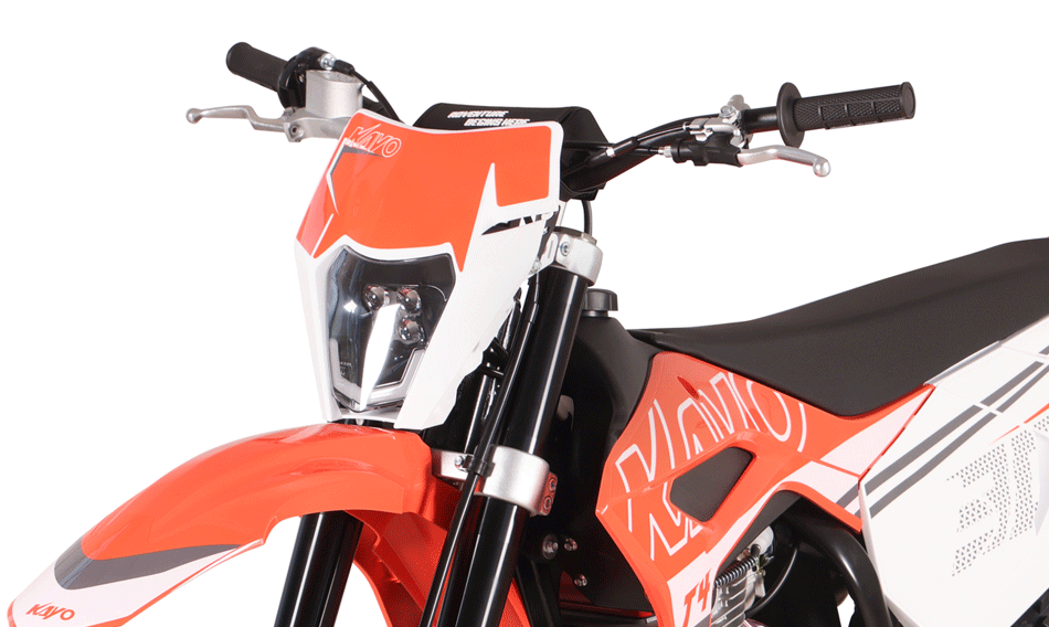 KAYO T4 Enduro front inverted fork, brake disc guard, and 21-inch knobby tire close-up