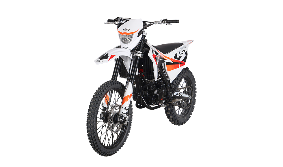 KAYO K5 280 liquid-cooled dirt bike left profile view showing red cylinder head on black background