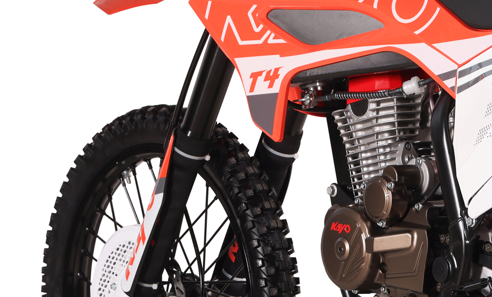 KAYO T4 300 rear 3/4 left angle view showing swingarm, chain drive, and 18-inch rear tire