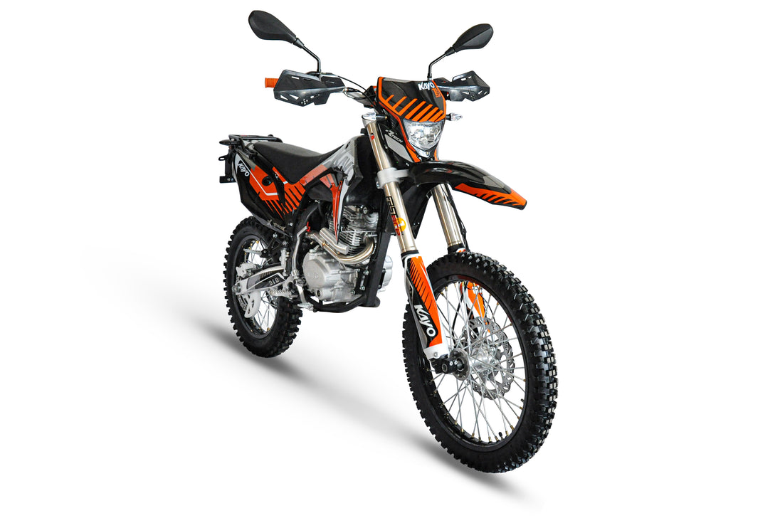 KAYO T4 Enduro rear 3/4 left angle view showing luggage rack, mirrors, and 18-inch rear tire