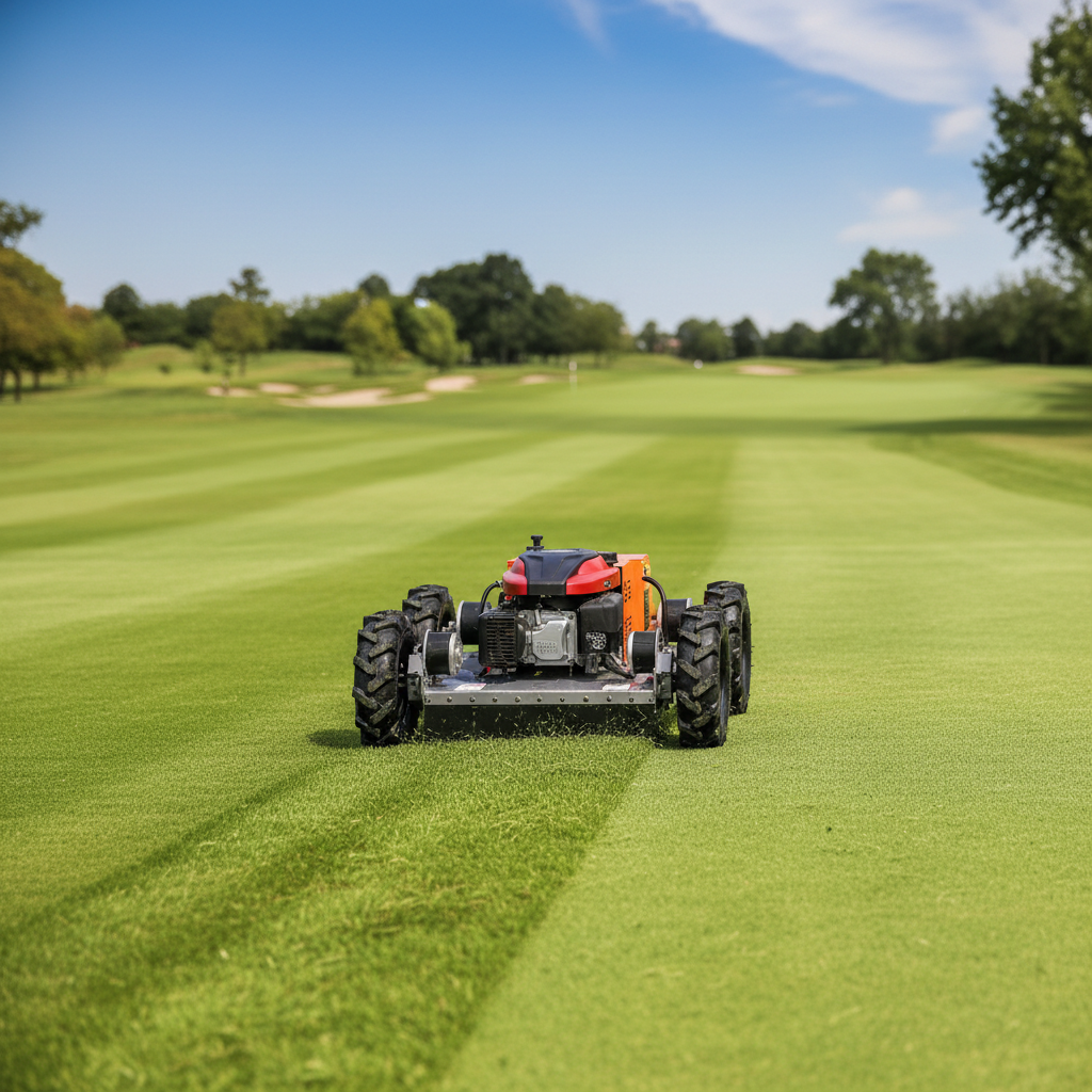 SAAQ101 remote-controlled lawn mower working on a golf-course fairway in a square composition